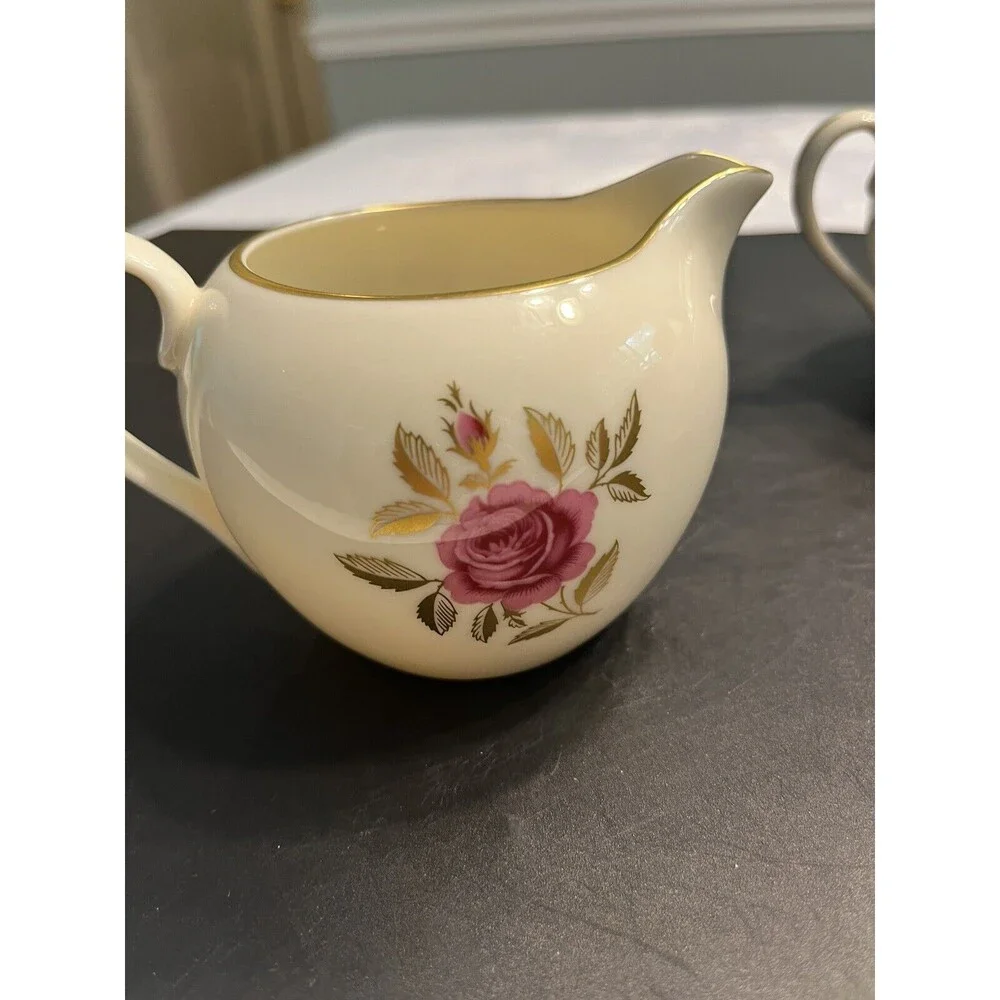 Vintage Lenox Roselyn Floral Pink Rose Gold Trim Creamer & Sugar Bowl w/ Lid